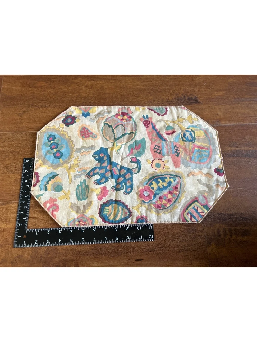 Set of 4 Vintage Octagonal Quilted Fabric Placemats with Colorful Animal and Gea